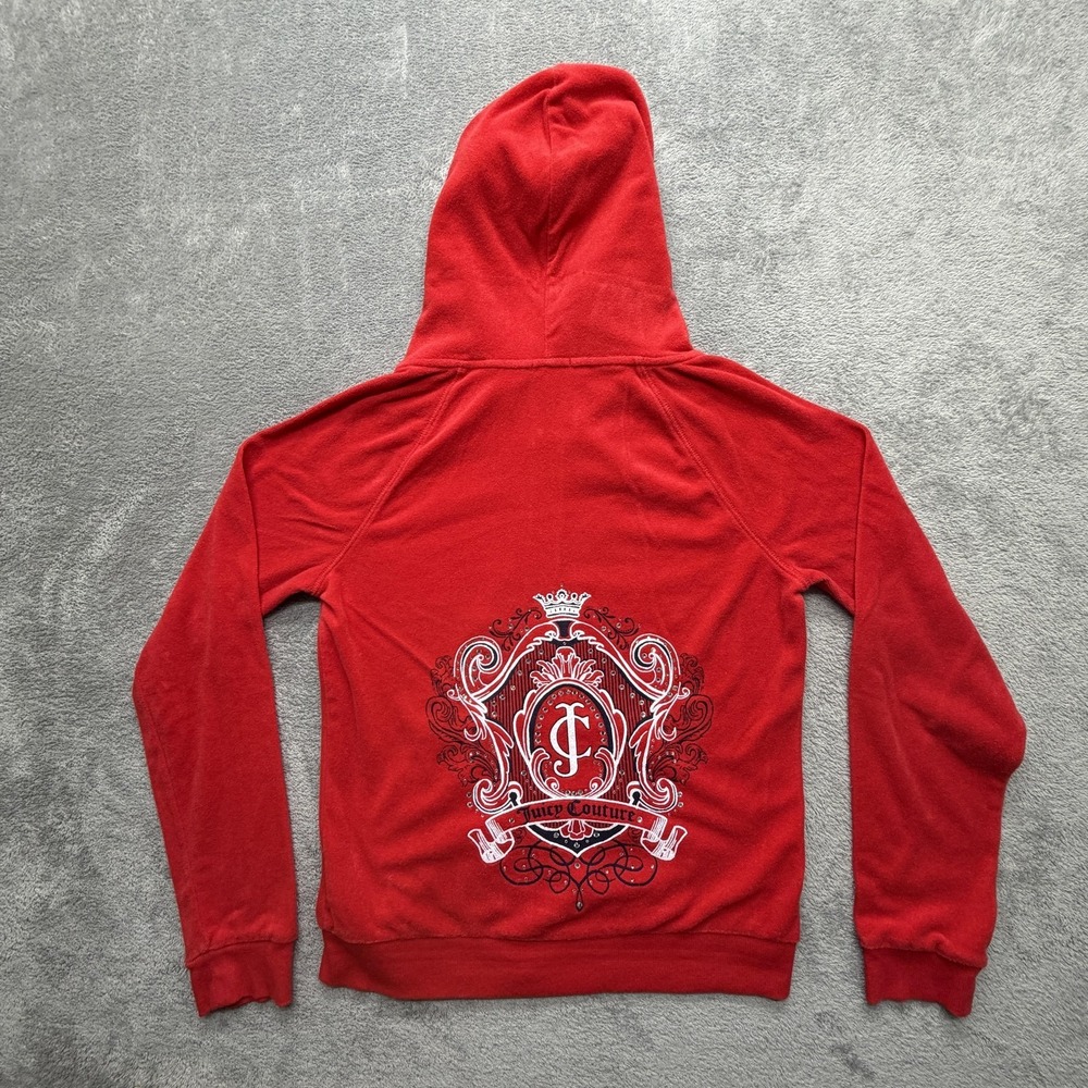 Juicy Couture Hoodie Womens M Red Velour Crest Rhinestone Graphic Full Zip